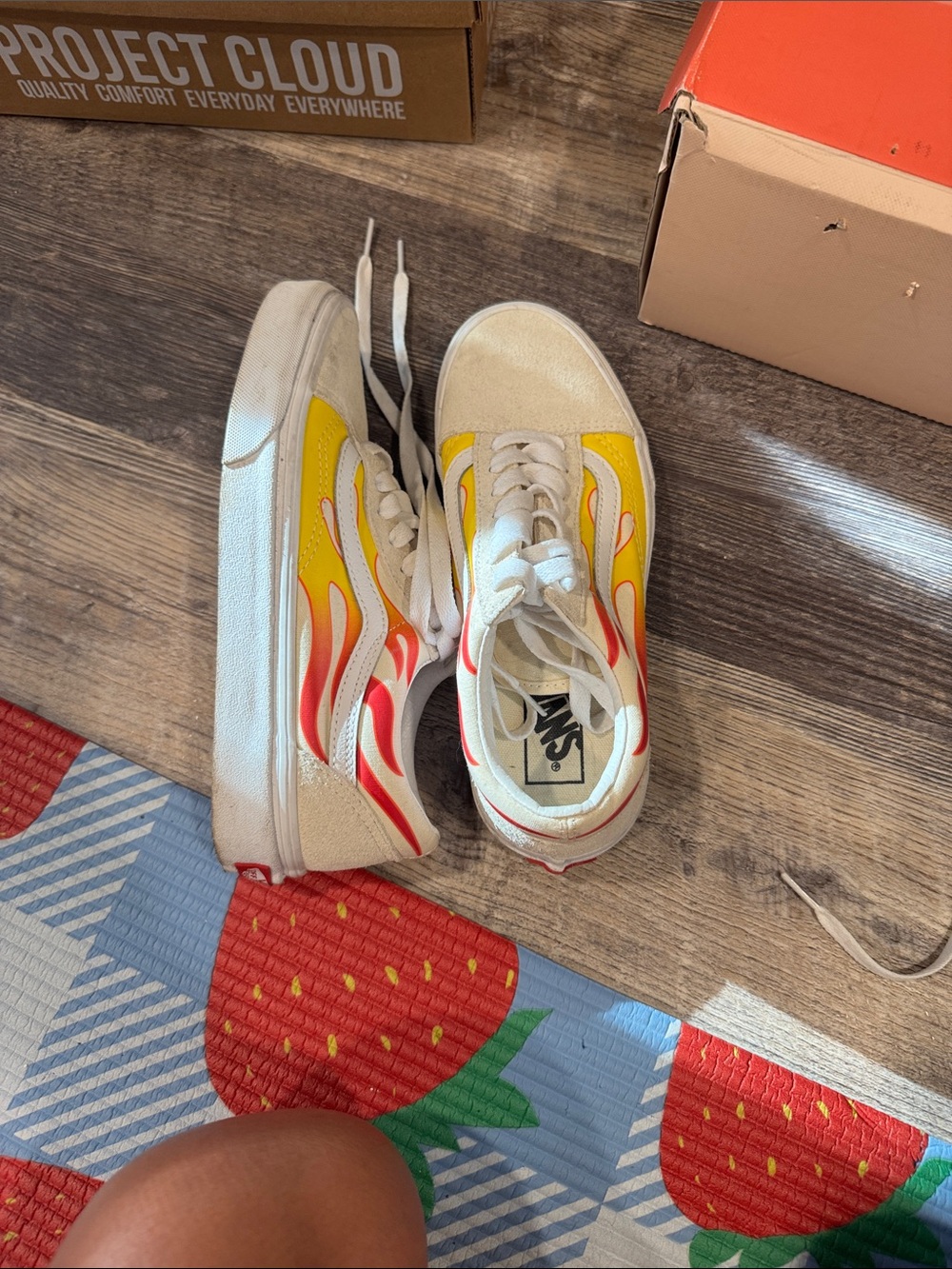 Vans Women's Old Skool Sneakers with Yellow and Red Flame Accent